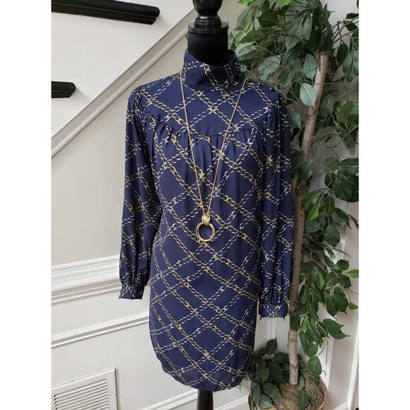 Who What Wear Fit & Flare Dress Womens XS Blue Gold Pleated Polyester High Neck - Picture 1 of 16